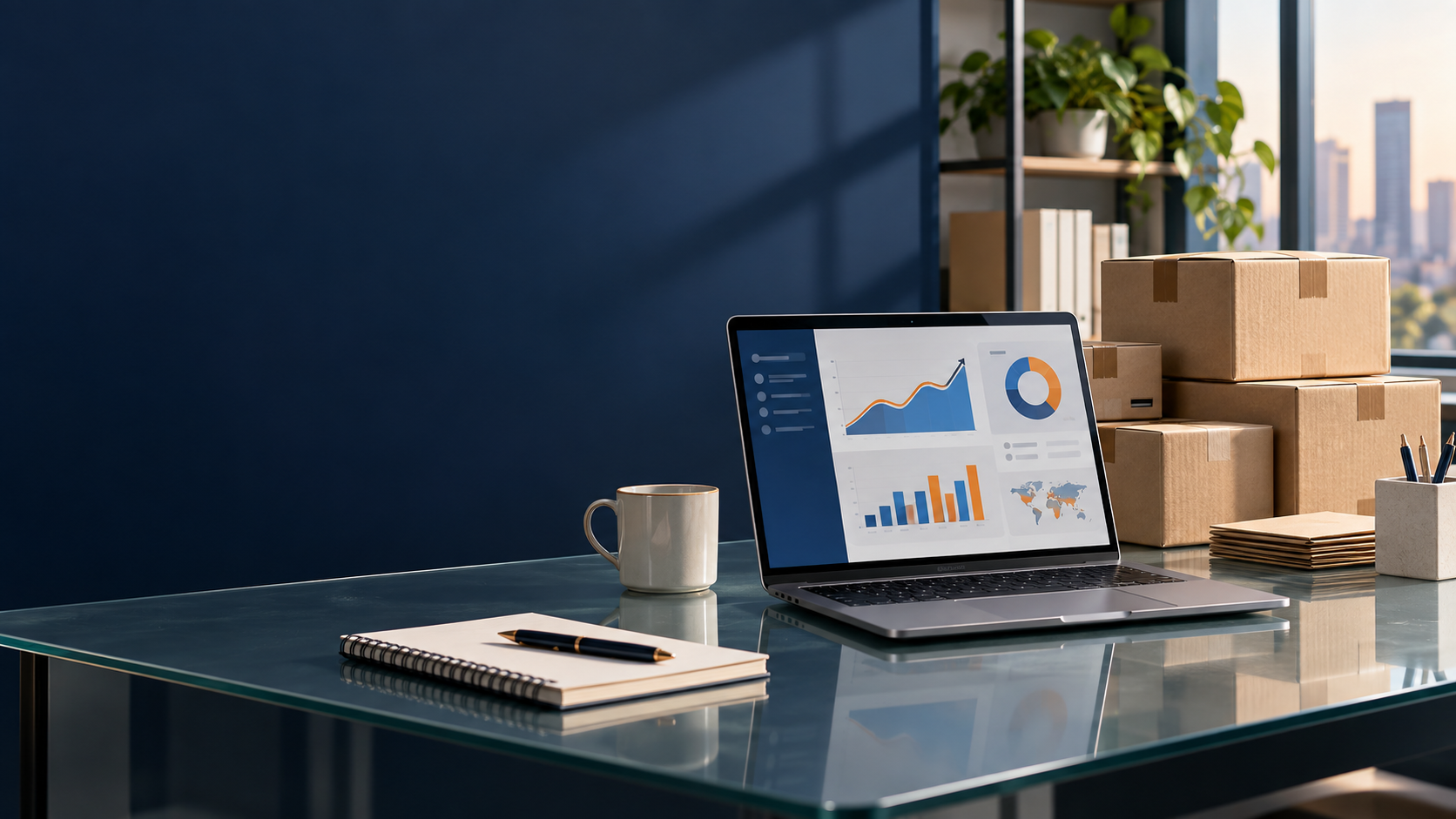 Organized e-commerce operations desk with product parcels and an analytics dashboard